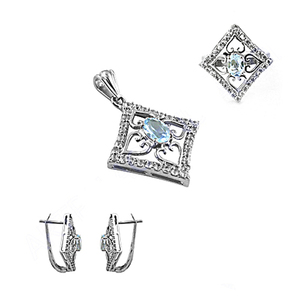 ชุดจี้บุษราคัม & เพทายลูกบาศก์925จี้เงินสเตอร์ลิงสีฟ้า - Product Image 1