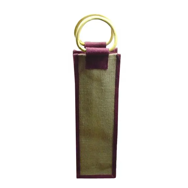 Eco Friendly Custom New Design Biodegradável Juta Wine Tote Bag Com Maçã De Madeira Forma Cane Handle