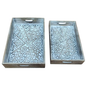 Plateau de service personnalisé en bois de manguier de qualité supérieure lot de 2 beaux plateaux sculptés à la main du fabricant indien au prix de gros - Product Image 3