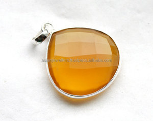 Colgantes de bisel de plata esterlina 925 con incrustaciones de piedras preciosas de Calcedonia amarilla chapada en oro para regalo - Product Image 1
