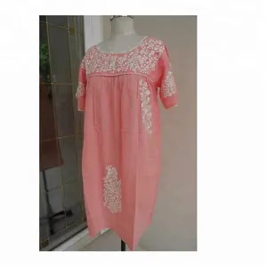 최신 디자인 여성 멕시코 튜닉 코튼 다크 핑크 손 자수 튜닉 원피스 자수 유행 멕시코 드레스