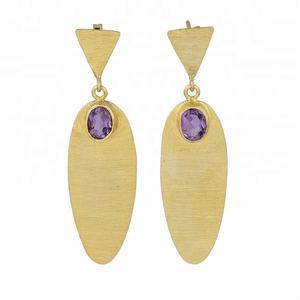 Pendientes de plata de ley 925 con gema de amatista auténtica, joyería hecha a mano con diseño Tribal liso y chapado en oro - Product Image 1