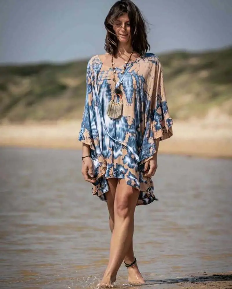 Veelkleurige Strand Slijtage Rayon Tie Dye Korte Kaftan