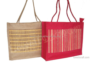 Jute Shopping <b>Bag</b> With Geometric Pattern <b>Medium</b> <b>Size</b> Rope Handle Daily Use Red And Natural Color - Product Image 2