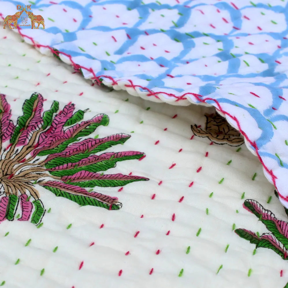 Manta de bebé Kantha hecha a mano, colcha Reversible de palmera para bebé, colcha de cama ecológica