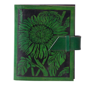 Cuaderno de tapa dura de cuero genuino 100% en relieve de girasol de Color negro verde hecho a mano con papeles blancos en blanco y cierre de correa - Product Image 1