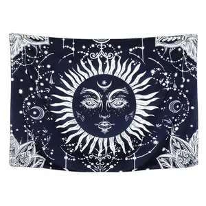 Psychedelic Moon and Sun Tapestry Celestial Tapestry Hippy Bohemian Mandala Tapestry for Bed Indian Wall Hanging Dark Blue White