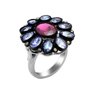 Pink Blue Tourmaline Gemstone <b>Black</b> Oxidized 925 Sterling Silver Handmade Floral Design With CZ Fashion <b>Ring</b> Jewelry for Women - Product Image 3