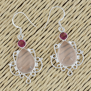 <b>Pink</b> Tourmaline Rose Quartz 925 Sterling Silver Gold Plated Vintage Dangle <b>Earrings</b> Handmade Jewelry Casa De Plata - Product Image 3