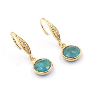 Chrysocolla พลอยหินต่างหูทรงกลมขอบสีเงินชุบทองพร้อมสายรัดหูเซอร์คอนอุปกรณ์เงินสเตอร์ลิง - Product Image 2