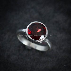 925 Sterling Silver Classic Style <b>Garnet</b> Gemstone <b>Ring</b> with Bezel Setting for Wedding Party or Anniversary - Product Image 1