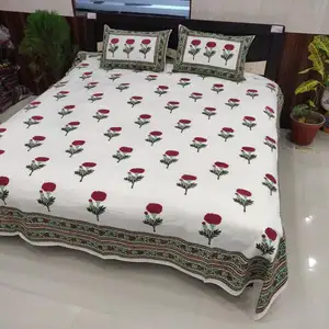 romantic designer block printed bed sheet with pillow cover