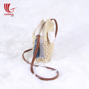 Vente en gros magnifique sac à bandoulière tissé en paille jacinthe d'eau style plage bohème avec décoration perle et pompon fermeture à glissière - Product Image 3