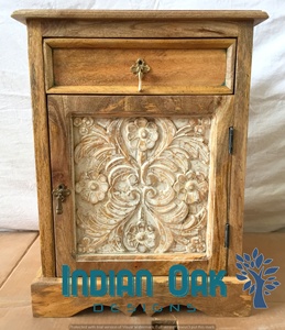 Mesita de noche tallada en madera, 1 cajón, 1 puerta, mesita de noche, mango, muebles Jodhpur - Product Image 4