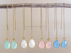 Pendientes colgantes hechos a mano de Plata de Ley 925, piedra preciosa de Calcedonia rosa con vermeil dorado para bodas o fiestas - Product Image 2