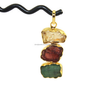 Pendentif en pierre d'améthyste émeraude, pierre brute, 1 pièce, grenat naturel en Apatite brute, aigue-marine, plaqué or 24K - Product Image 2