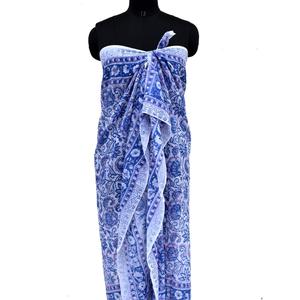 Sanganeri Fait main Écologique 100% Coton Haute Qualité Écharpe Unisexe Bleu Blanc Imprimé Sarong Plage Couverture Longueur Longue Été - Product Image 2