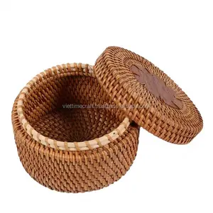 Durable Vintage Round Rattan Storage Box With Lid/ Sundries pu-erh tea box