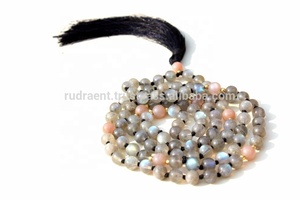 Collar de cuentas Mala 108 hecho a mano estilo clásico labradorita y piedra lunar piedras preciosas hinduismo regalo religioso de artista indio - Product Image 6