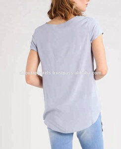 Camiseta informal holgada con estampado de rayas florales para mujer, camiseta de talla grande de manga corta con cuello redondo y botones bordados, encaje de algodón, precio barato - Product Image 3