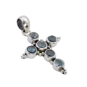 Hot Sale Trend 925 Sterling Silver Blue Topaz Gemstone Cross Pendant Handmade Silver Fancy Jewelry