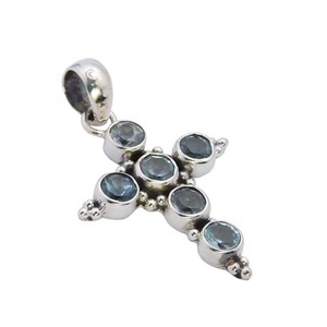 Tendance Offre Spéciale 925 argent Sterling bleu topaze pierre précieuse croix pendentif fait à la main en argent bijoux fins pendentifs et breloques - Product Image 1
