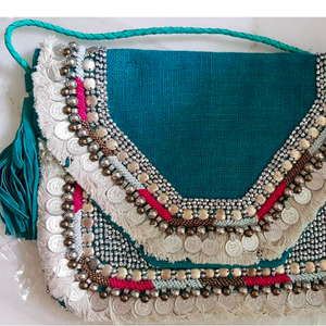 Vibrant <b>Blue</b> Silk Clutch <b>Purse</b> with Coin and Fringe Detail Elegant Leopard Pattern Beaded and Sparkling Detail PU Lining - Product Image 1