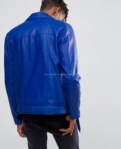 Custom Wholesale <b>Black</b> Biker Leather Motorcycle Jacket Men,Men Leather Biker Jacket With Belt in Bright Blue - Product Image 2
