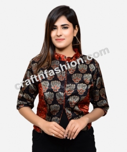 Diseñador Gaji Silk Short Indo Western Blusa Top-Ajrakh & Lotus Print Indian Fashion Wear - Product Image 2