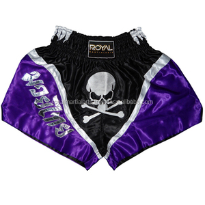 Profesional satén artes marciales Kickboxing Muay Thai Shorts Purple Black Skull Design para boxeo - Product Image 2