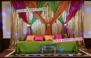 Rajasthani Style Wedding Stage Backdrop <b>Curtains</b> Glossy Mehandi Stage Backdrop <b>Curtains</b> Mehandi Stage Royal Blue Velvet - Product Image 6