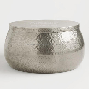 Table basse ronde en aluminium martelé argenté, finition brillante, écologique, réglable, amovible, grand modèle, design moderne - Product Image 1