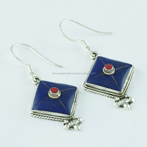 Pendientes tradicionales de Plata de Ley 925, lapislázuli y piedra de coral rojo, mezcla perfecta de herencia y elegancia para mujer - Product Image 2