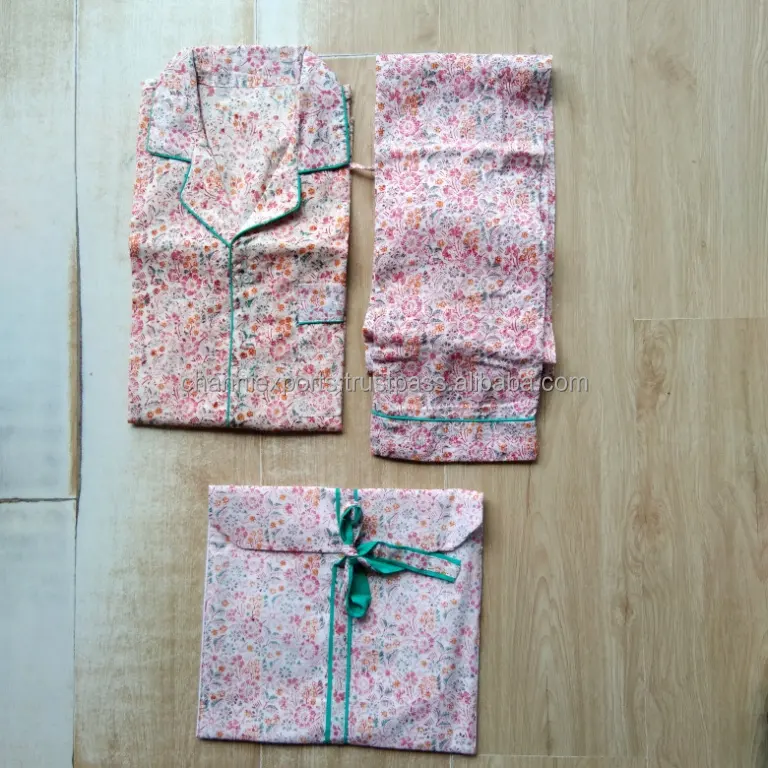 Thiết Kế Tay Khối In Cotton Dài Đêm Ngủ Mặc Pajama Set Cho Phụ Nữ Quần Áo, Đầy Màu Sắc Hoa In Pajama Cho Nhà