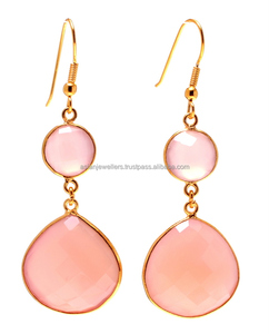 925 Sterling <b>Silver</b> Pink Chalcedony Gemstone Drop <b>Earrings</b> Vermeil Gold Handmade <b>Wedding</b> Jewelry - Product Image 1