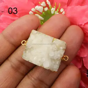 Latest Findings !! Natural White Druzy Gemstone Gold Electroplated,Handmade Wholesale Double Loop Connector For Jewelry SICN0591
