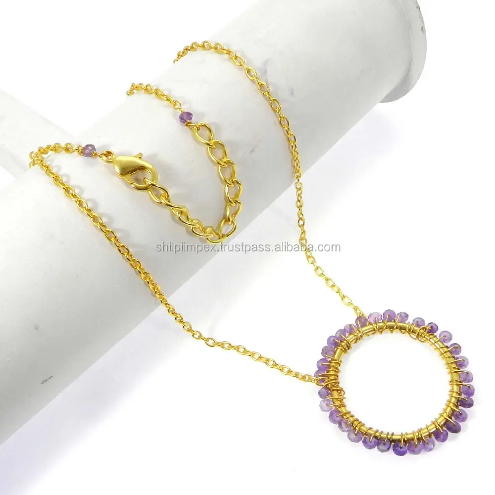 Purple amethyst beads circle 18k gold plated wholesale jewelry handmade long chain necklace