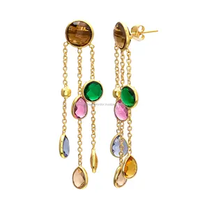 Серьги с разноцветными драгоценными камнями, новые дизайнерские серьги-цепочки, красивые золотые серьги