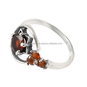 Juego de puntas, anillo de piedras preciosas granate de corte clásico Chapado en plata de ley 925 para regalo de fiesta de aniversario de boda - Product Image 1