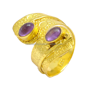 Oval Cab Amethyst Gemstone 925 Sterling Silver Chapado en oro Anillo hecho a mano Ajuste del bisel Anillo de moda para fiesta de regalo de boda. - Product Image 3