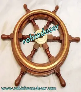 Vintage Style 36 "Brass & Wood Ship Wheel Nautical Bar Decor Steering Boat