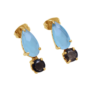 Boucles d'oreilles en argent sterling 925 Aqua calcédoine quartz fumé pierres précieuses plaqué or boucles d'oreilles pour femmes. - Product Image 1