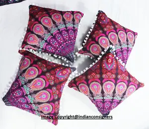 Handmade 100% Cotton Peacock Mandala <b>Square</b> Pillow Cases Cushion Covers <b>Set</b> of 4 Modern Style by Indian Artists for Home Use - Product Image 1