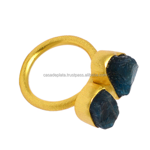 Raw Appetite Gemstone Plata de Ley 925 con anillo chapado en oro Anillo clásico de dos piedras Ajuste de bisel Anillo de moda para mujer. - Product Image 3