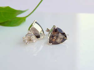 925 <b>Sterling</b> <b>Silver</b> , Smokey Topaz Quartz , <b>Stud</b> <b>Earrings</b> , Gold Plated Handmade Jewellery . - Product Image 2
