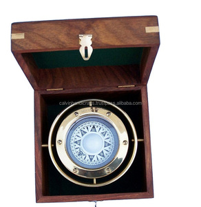 Brújula de cardanes de latón antiguo náutico con caja de palisandro 5 "pulgadas Brújula de caja marrón de Calvin Handicraft - Product Image 1