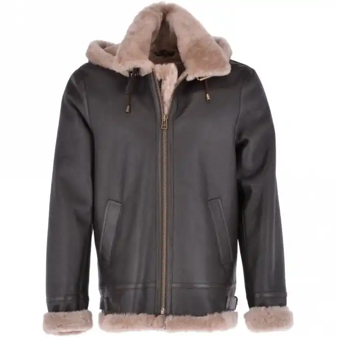 Men's Sheepskin Flying Fur Brown Hooded Jacket With 100% Genuine Leather And Customized Size