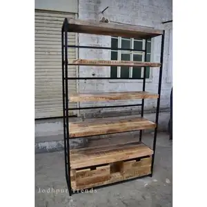 Industrial & vintage grey black iron metal & solid mango wood Display Rack with drawer