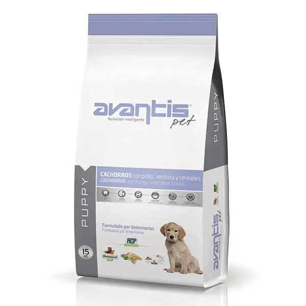 Comida seca para perros con pollo, verduras y cerebés para cachorros. AVANTIS cachorro