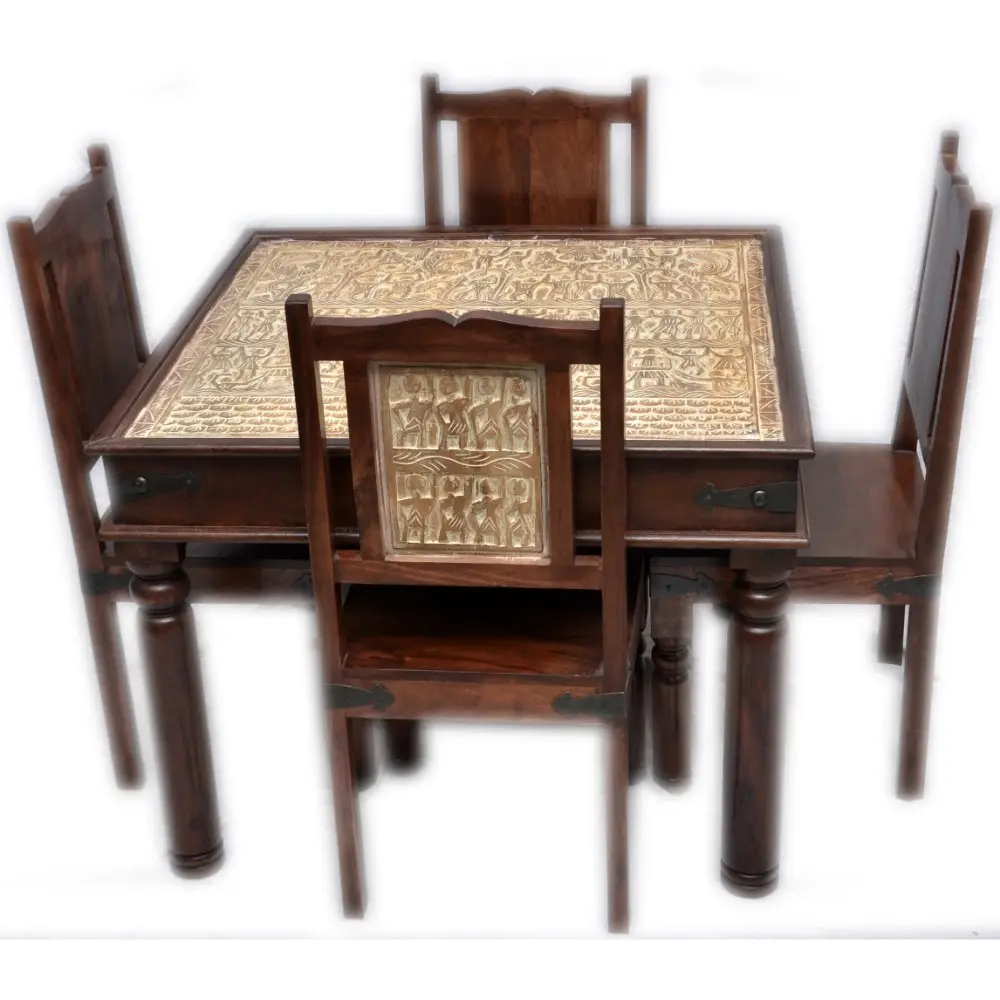 TRIBAL CARVED DINING TABLE SET WITH 4 CHAIRS IN DISTRESS FINISH